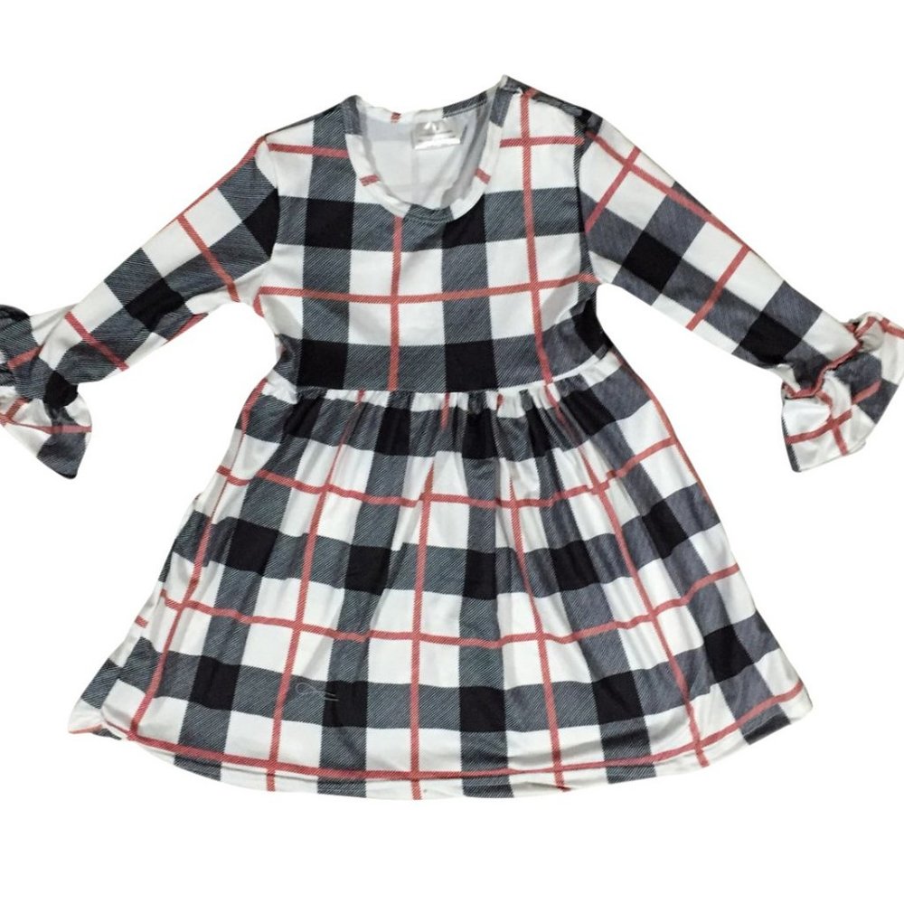 Little Girl Long Sleeve Plaid Stripe Holiday Fall Winter Party Flower Girl Dress